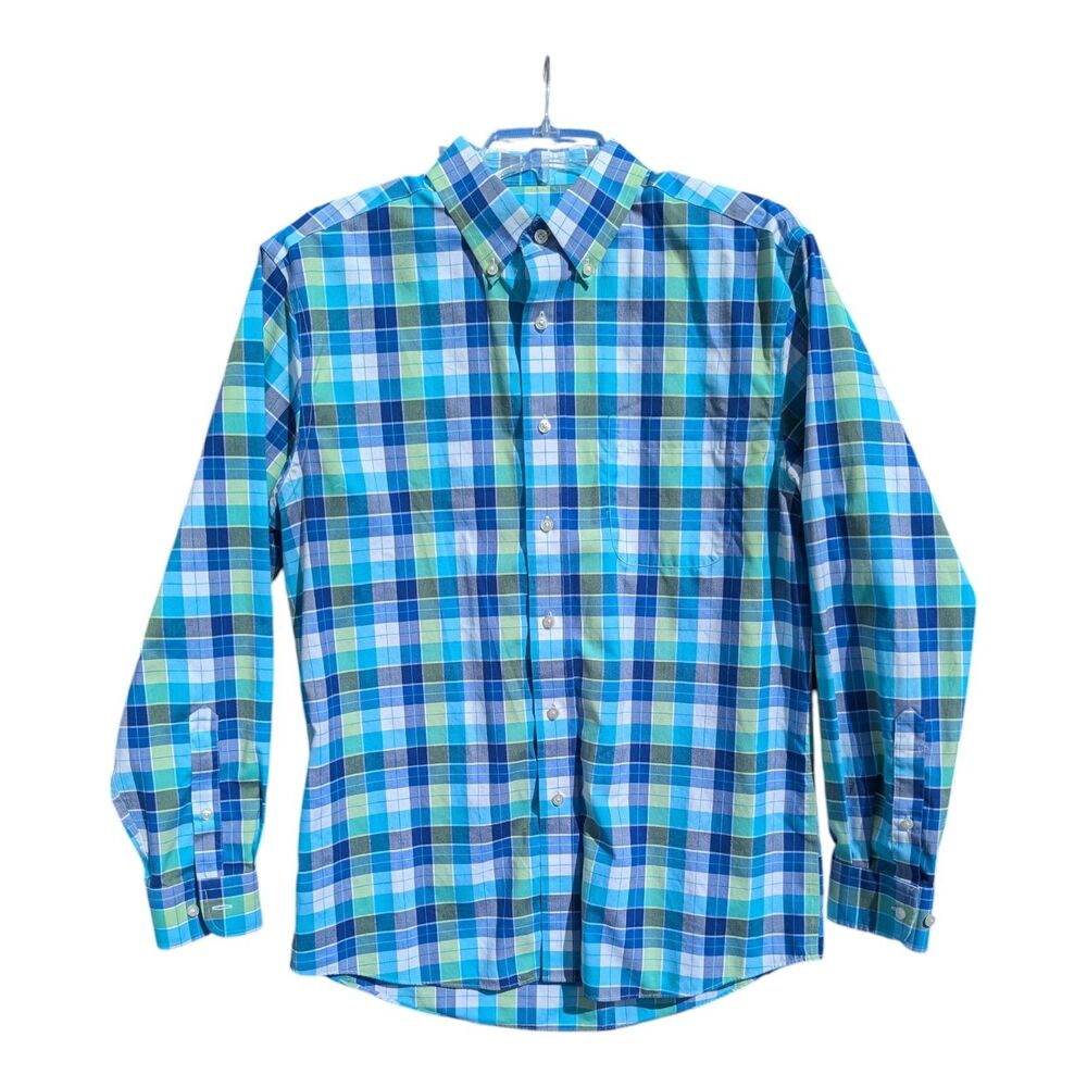 JoS A. BANK Men's Travel Shirt Blue Green Plaid Size Medium Casual Preppy